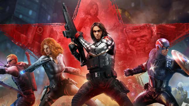 An image of the Winter Soldier in the center alongside Hawkeye (far-left), Black Widow (left of center), and Captain America (far-right).