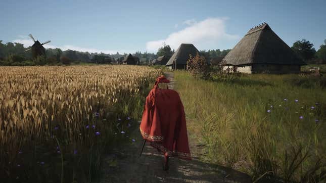 A lord walks through a wheat field. 