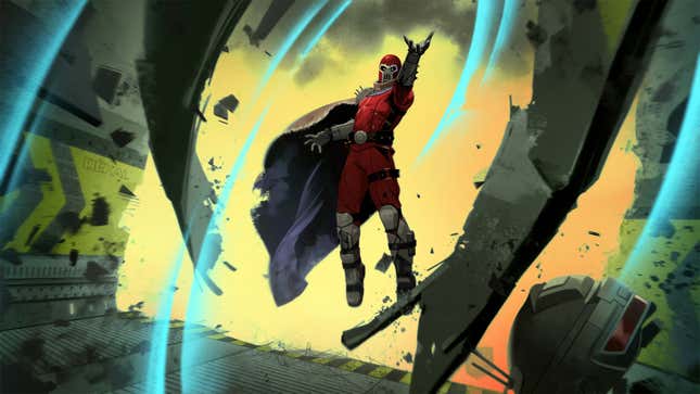 An illustration of Magneto shows him hovering in the air and moving metal.