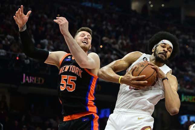 Apr 18, 2023; Cleveland, Ohio, USA; Cleveland Cavaliers center Jarrett Allen (31) grabs a rebound ahead of New York Knicks center Isaiah Hartenstein (55) during the second quarter of game two of the 2023 NBA playoffs at Rocket Mortgage FieldHouse.