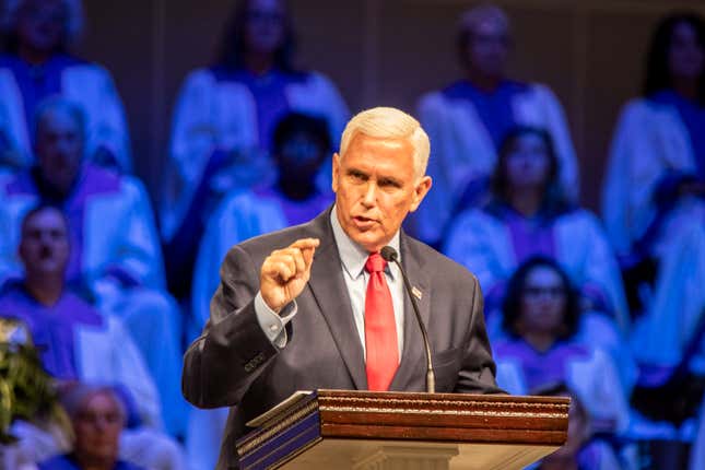 Former Vice President Mike Pence gives a speech titled “The World after Roe,” during Wednesday worship services on Wednesday, July 20, 2022, in Florence, S.C., following the overturning of Roe v. Wade by the U.S. Supreme Court, leaving abortion laws up to the individual states. 

