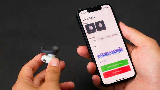 The prototype ClearBuds earbuds and the custom neural network running on a connected smartphone.