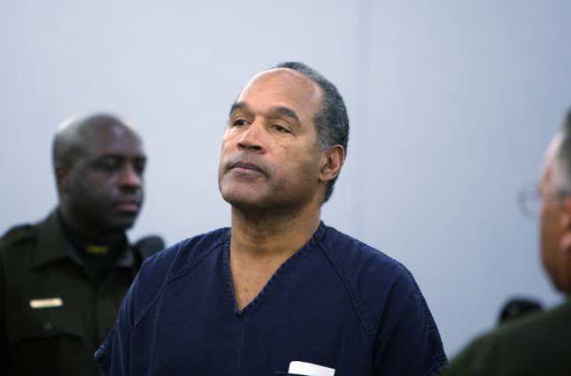 LAS VEGAS - DECEMBER 5: O.J. Simpson Simpson stands in the courtroom after being sentenced at the Clark County Regional Justice Center December 5, 2008 in Las Vegas, Nevada. Simpson and co-defendant Clarence “C.J.” Stewart were sentenced on 12 charges, including felony kidnapping, armed robbery and conspiracy related to a 2007 confrontation with sports memorabilia dealers in a Las Vegas hotel.