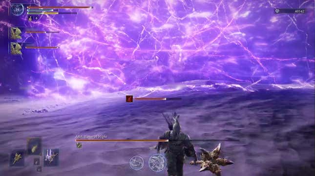 The player character runs from a lightning storm.