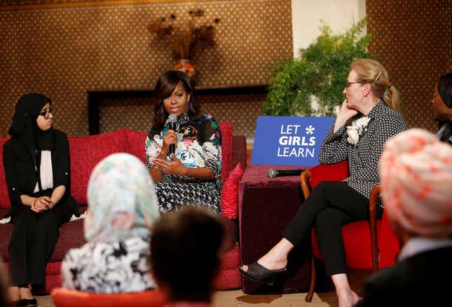 U.S first lady Michelle Obama and actress Meryl Streep (R) speaks during a conversation with Moroccan adolescent girls moderated by CNNÕs Isha Sesay following the "Let Girls Learn" program in Morocco, June 28, 2016.