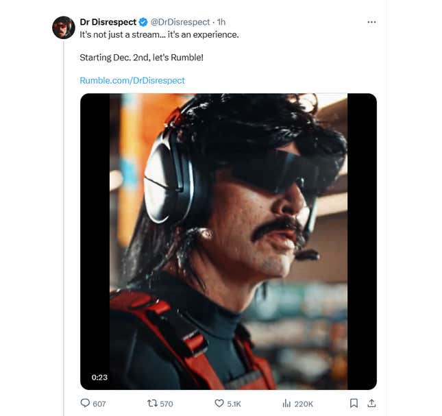 Dr Disrespect appears in a tweet about joining Rumble. 