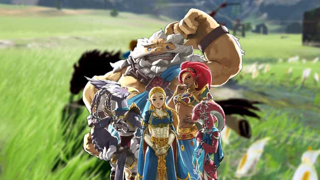 Characters from Breath of the Wild are superimposed over a screenshot of the game.