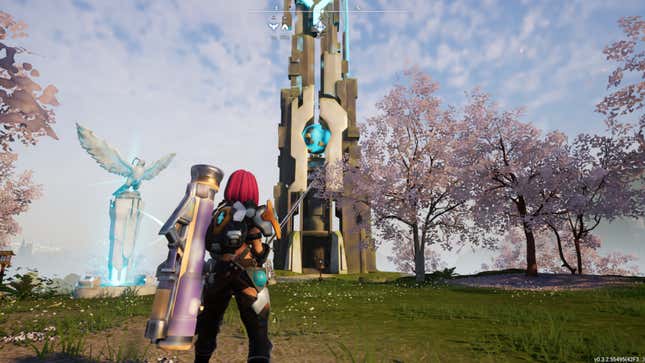 A Palworld player character stands before a tower.