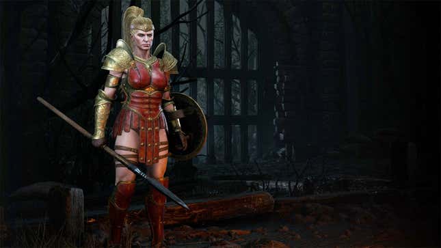 A screenshot of an angry Amazon character from Diablo II: Resurrected. 