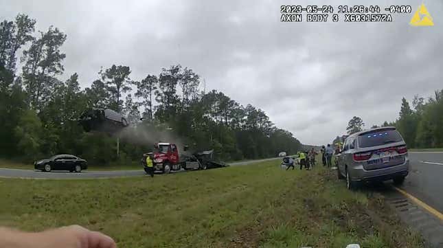 Image for article titled Police Video Shows You Actually Can Launch A Car Off A Flatbed Just Like In The Movies, But You Really, Really Shouldn&#39;t