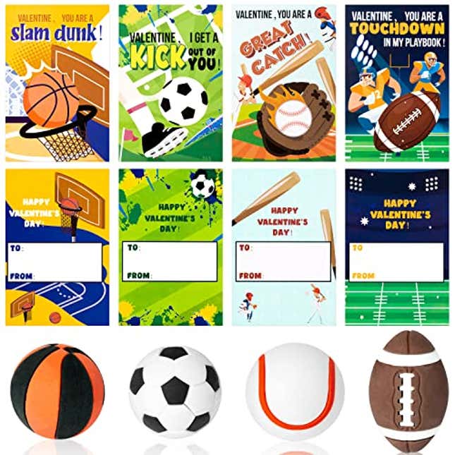 Image for article titled Yopyame 28 Pack Valentine&#39;s Day Sports Gift Cards with Erasers for Kids Funny Valentines Greeting Cards Mini Football Soccer Basketball Pencil Eraser School Classroom Prizes Exchange Gift Party Favors, Now 20% Off