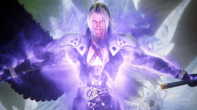 Purple energy swarms Sephiroth as he holds his arms open wide.