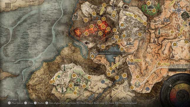 Une capture d'écran de la carte du jeu montre l'emplacement de certaines ruines. 