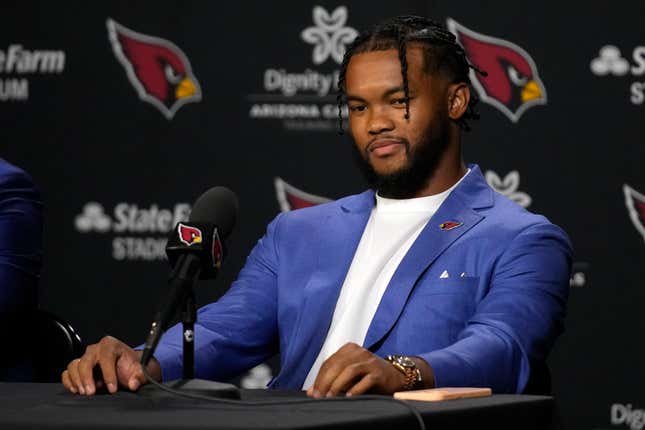 Arizona Cardinals quarterback Kyler Murray addresses the media, Friday, July 22, 2022, in Tempe, Ariz.