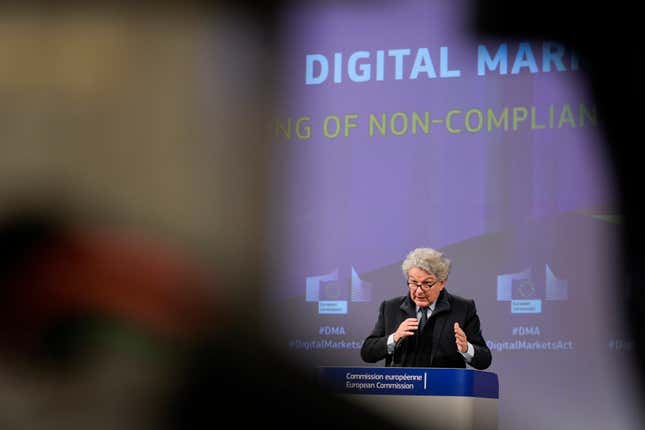 European Commissioner for Internal Market Thierry Breton addresses a media conference regarding the Digital Markets Act at EU headquarters in Brussels, Monday, March 25, 2024. The European Commission on Monday opened non-compliance investigations against Alphabet, Apple and Meta under the Digital Markets Act. (AP Photo/Virginia Mayo)