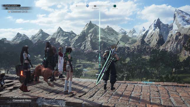 Cloud and the party look out at some mountains with the game set to Performance - Smooth.