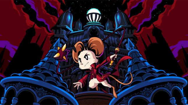 Mina The Hollower's mouse wields a whip in front of a spooky castle.