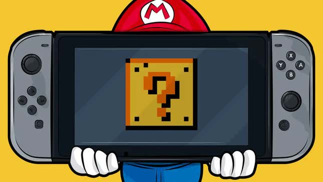 Mario sostiene un Switch misterioso. 