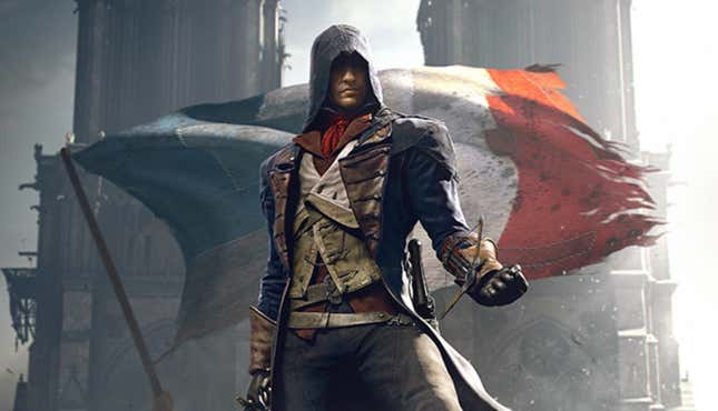 Arno stands in front of a French flag in Assassin's Creed Unity. 