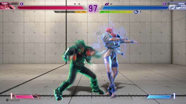 A replay review with the character Manon parrying punches from Terry Bogard.