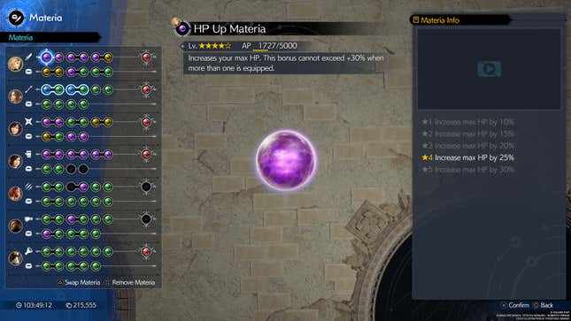 Ein Screenshot zeigt ausgerüstete Materia für alle Charaktere in Final Fantasy VII Rebirth.