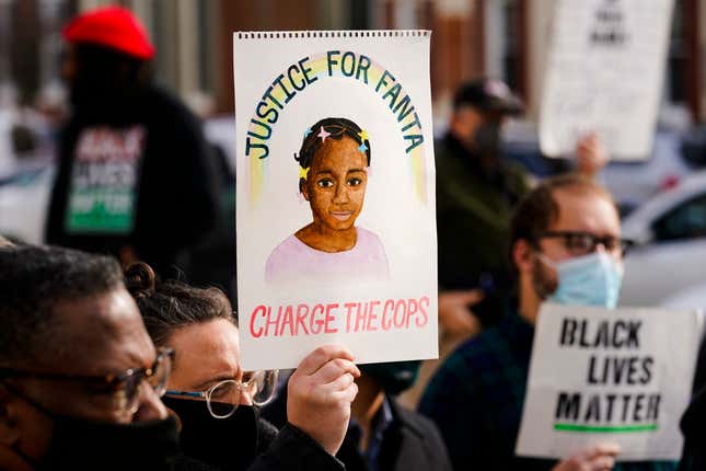 Protesters call for police accountability in the death of 8-year-old Fanta Bility, who was shot outside a football game, at the Delaware County Courthouse in Media, Pa., on Jan. 13, 2022. Three former police officers, who had been charged in the killing of the 8-year-old girl after they opened fire in the direction of a crowd leaving a high school football game in a suburban Philadelphia town, pleaded guilty Thursday, Nov. 10, to 10 counts each of reckless endangerment.