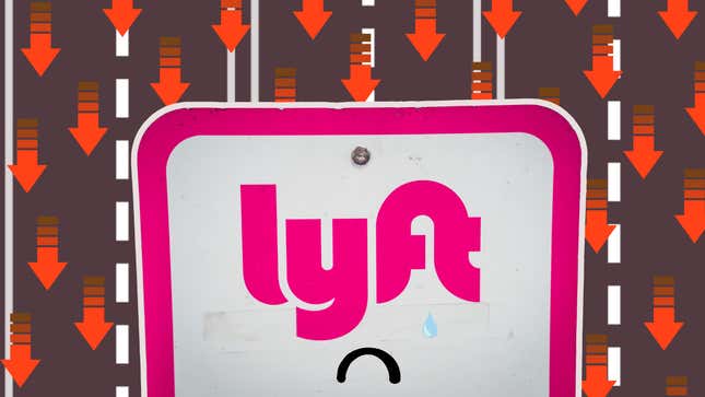 An illustration of the Lyft sign with red stock market arrows indicating a loss behind it.