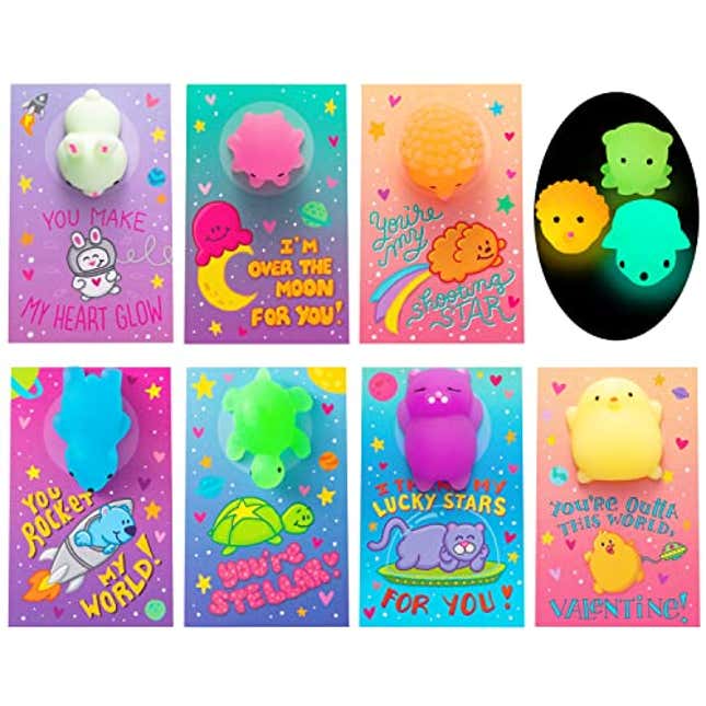 Image for article titled JOYIN 28 Pack Gift Cards with Cute Kawaii Mochi Squishy Toy to Squeeze Glow in The Dark Stress Relief Fidget Toy for Kids, Now 35% Off