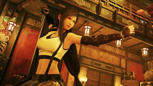 Tifa Lockhart in Final Fantasy VII Remake, taking a fighting stance. 