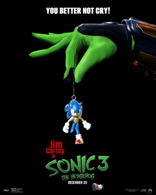 Un cartel que muestra una mano verde que sostiene un adorno de Sonic.