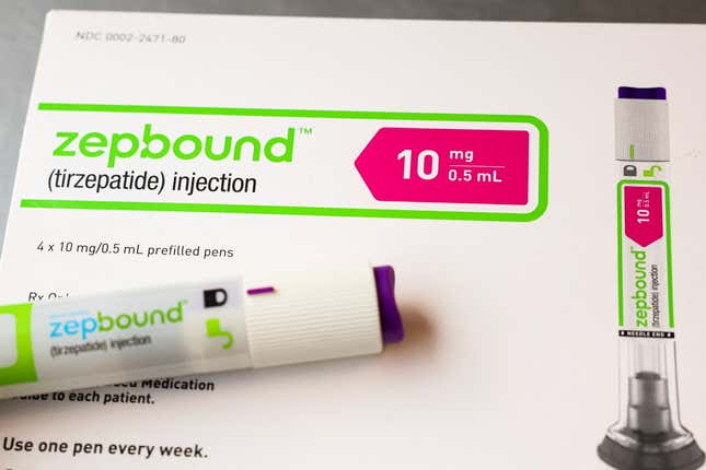 An injection pen of Zepbound, Eli Lilly’s weight loss drug