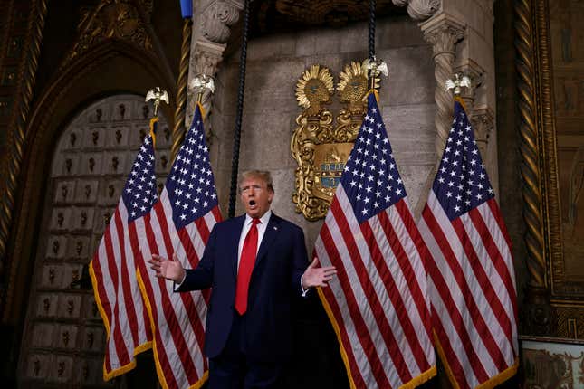 PALM BEACH, FLORIDA - MARCH 4: Republican presidential candidate, former President Donald Trump speaks in the library at Mar-a-Lago on March 4, 2024 in Palm Beach, Florida. 