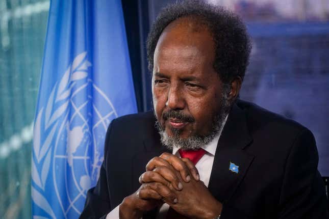 FILE - Somalia&#39;s President Hassan Sheikh Mohamud listens during an interview on his visit to the United Nations, Dec. 12, 2023, at U.N. headquarters. Somalia on Wednesday, Dec. 13, secured a $4.5 billion debt relief deal from its international creditors, the International Monetary Fund and World Bank said, which will allow the nation to develop economically and take on new projects. “Somalia’s debt relief process has been nearly a decade of cross governmental efforts spanning three political administrations. This is a testament to our national commitment and prioritization of this crucial and enabling agenda,” said Hassan Sheikh Mohamud. (AP Photo/Bebeto Matthews, File)