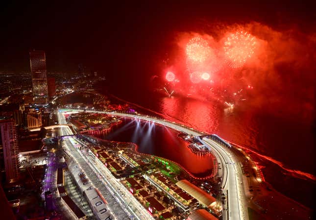 Fireworks are pictured over the circuit during the F1 Grand Prix of Saudi Arabia at the Jeddah Corniche Circuit on March 27, 2022 in Jeddah, Saudi Arabia