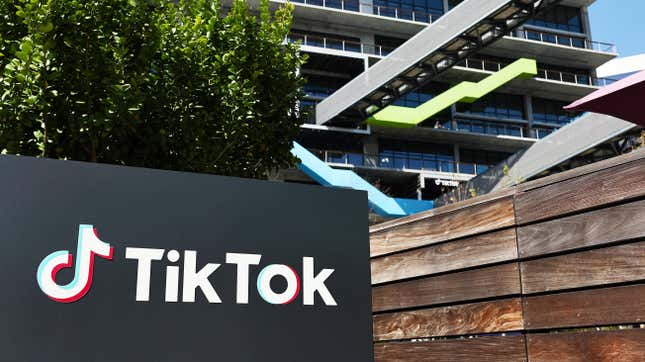 The TikTok logo is displayed outside TikTok offices on March 12, 2024, in Culver City, California.