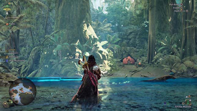 A hunter carries a Wyvern Egg through a colorful forest and towards a red pop-up camp.