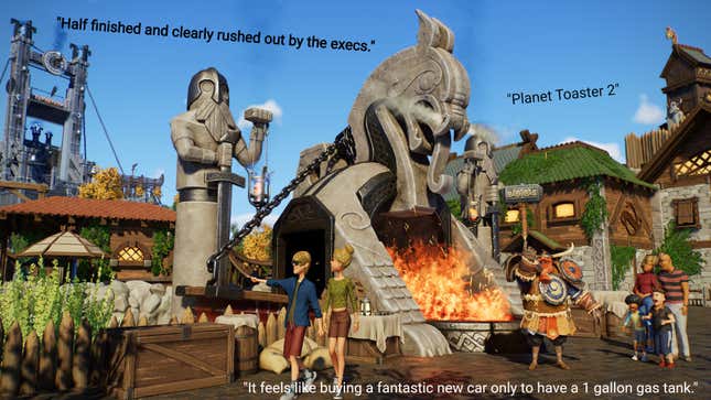 A screenshot of a theme park in Planet Coaster 2 shows snarky comments.