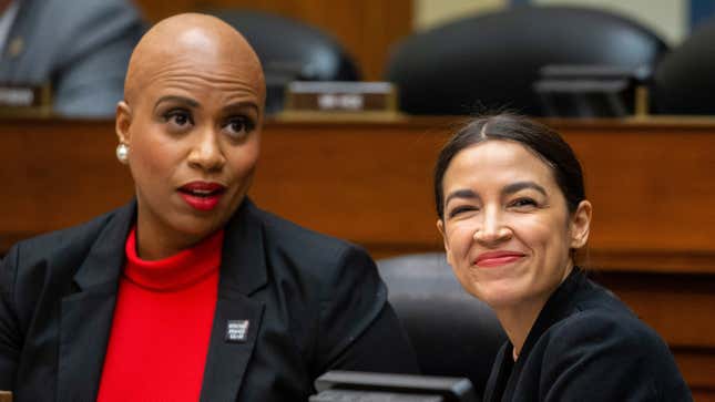 Rep. Ayanna Pressley, D-Mass., left, and Rep. Alexandria Ocasio-Cortez, D-N.Y. during a hearing of the House Committee on Oversight and Reform, on Capitol Hill, Wednesday, Feb. 12, 2020, in Washington, D.C.