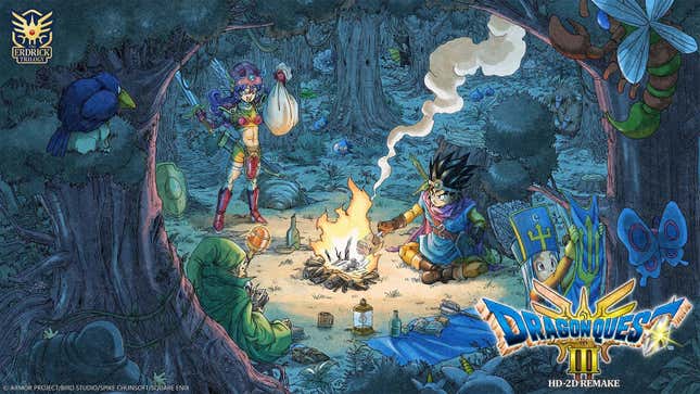 Four people dressed in fantasy clothing sit around a campfire. Blue slimes can be seen in the distance.