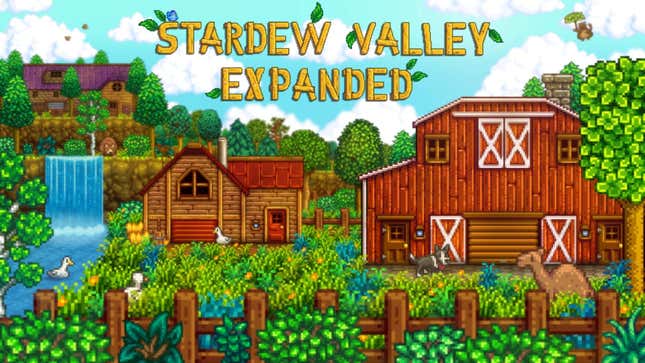 A lovely bucolic scene, accompanied by the words, Stardew Valley Expanded.