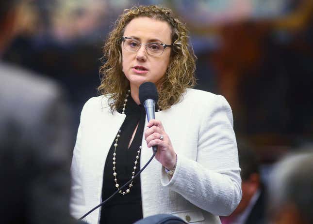 FILE - Rep. Erin Grall, R-Vero Beach Rep. asks a question in the Florida House of Representatives, May 25, 2022 at the Capitol in Tallahassee, Fla. Florida is on the verge of passing one of the nation’s most restrictive bans on minors’ use of social media. The state Senate passed a bill Thursday, Feb. 22, 2024 that would keep children under the age of 16 off popular platforms regardless of parent approval. The bill is sponsored by Sen. Grall. (AP Photo/Phil Sears)