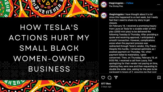 Image for article titled Tesla stiffed a small Black-owned bakery on a big Black History Month order