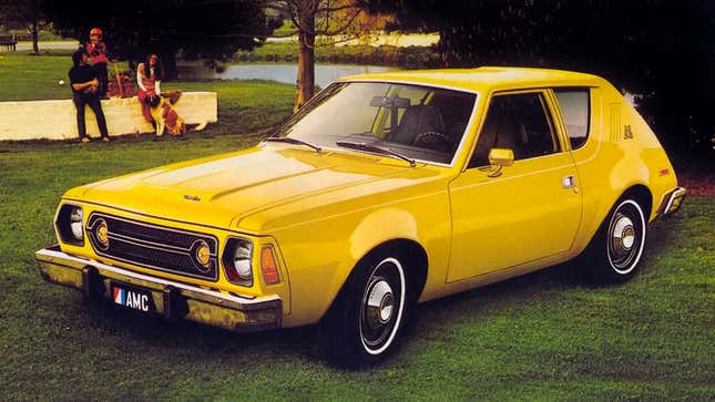 A photo of a yellow AMC Gremlin hatchback. 