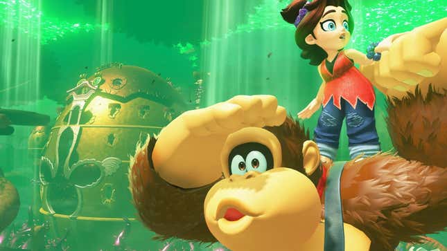 Donkey Kong and Pauline look out at the world.