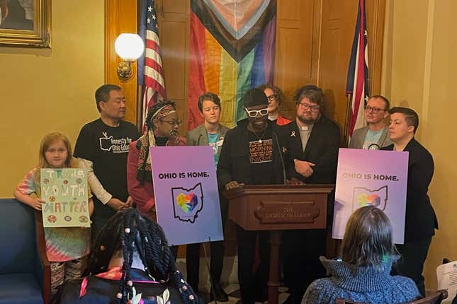 Organizers including clergy, business owners, social workers and transgender individuals gather in the Ohio Statehouse for a press conference on Wednesday, Dec. 13, 2023 in Columbus, Ohio in opposition to a bill that would ban gender affirming care for minors and ban transgender athletes from participating in girls&#39; and women&#39;s sports. The Ohio Republican-led state Senate cleared the measure along party lines Wednesday. (AP Photo/Samantha Hendrickson)