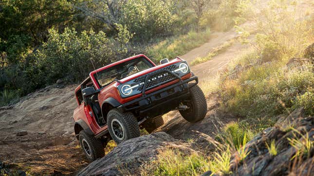 A photo of a red Ford Bronco SUV. 