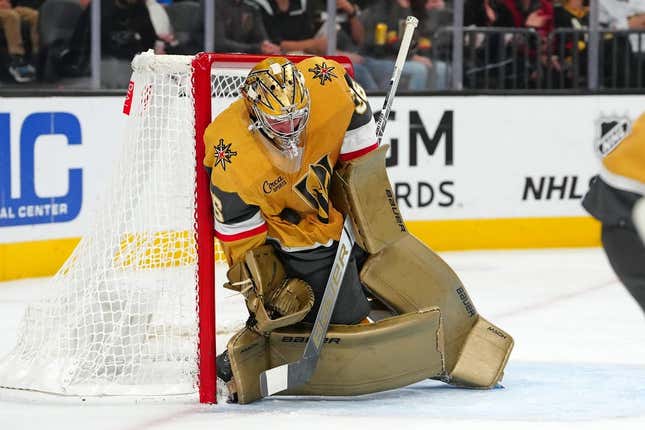 Nov 2, 2023; Las Vegas, Nevada, USA; Vegas Golden Knights goaltender Logan Thompson (36) absorbs a Winnipeg Jets shot during the second period at T-Mobile Arena.