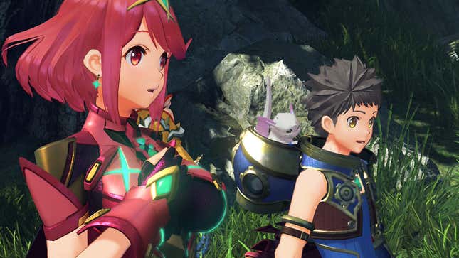 A screenshot of a cutscene in Xenoblade Chronicles 2. Pyra and Rex are looking to the right of the screen with their mouths open.