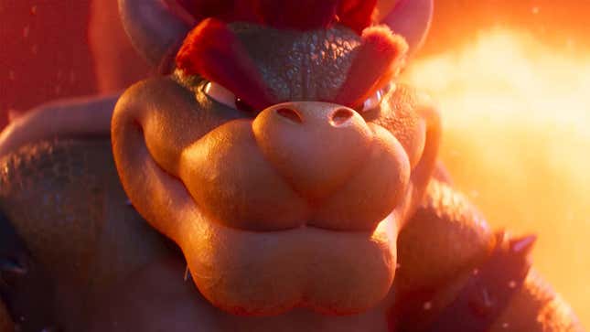 An image shows Bowser smiling as seen in the animated Mario Movie. 