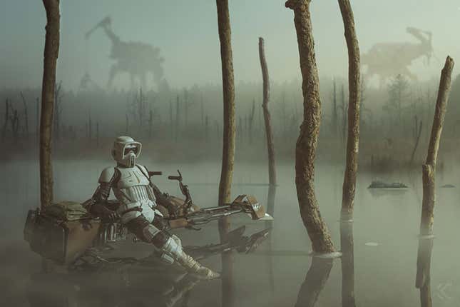 “Awaiting Orders” by Killcutter shows a Scout Trooper in a unique sci-fi setting.